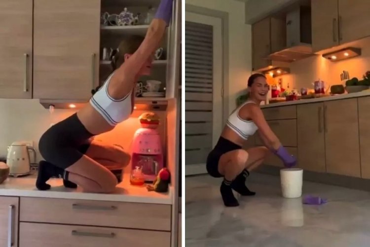 Ebru Şallı hem temizlik hem pilates yaptı