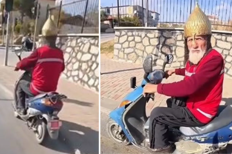 Kask yerine miğfer ile trafiğe &ccedil;ıkan Hasan dedenin videoları viral oldu