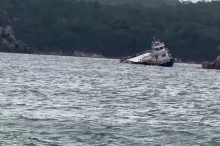 Balıkesir'de fırtına nedeniyle 25 metrelik feribot koya s&uuml;r&uuml;klenerek karaya oturdu