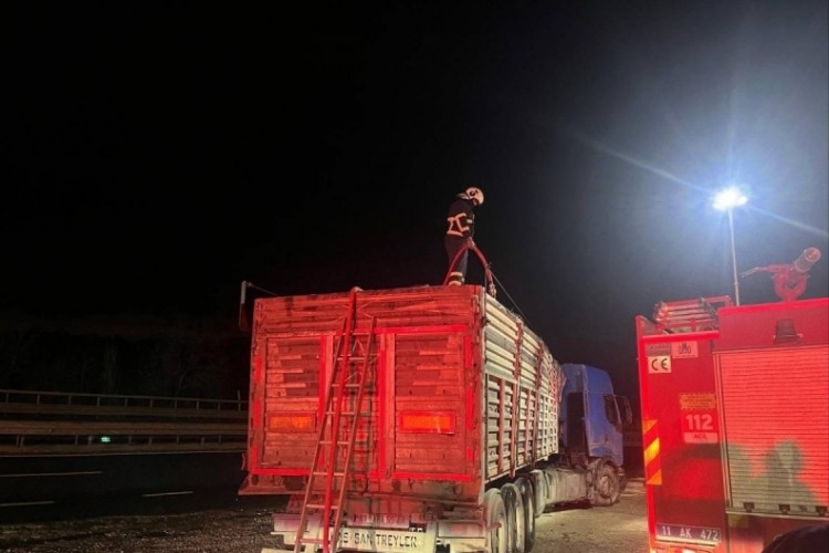 Bilecik'te seyir halinde talaş y&uuml;kl&uuml; tır dorsesi alev aldı