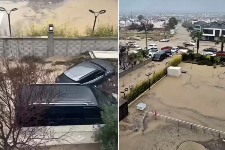 Kuşadası sele teslim! Sokaklar g&ouml;le d&ouml;nd&uuml;, ara&ccedil;lar b&ouml;yle s&uuml;r&uuml;klendi