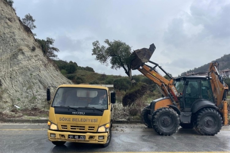 Dağdan kopan zeytin ağacı karayolunu ikiye b&ouml;ld&uuml;