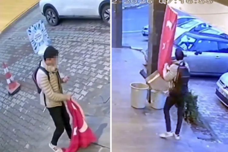 Bayrağımıza bir alçak saldırı daha! Kopardı, yetmedi üzerine basarak o anları kayda aldı