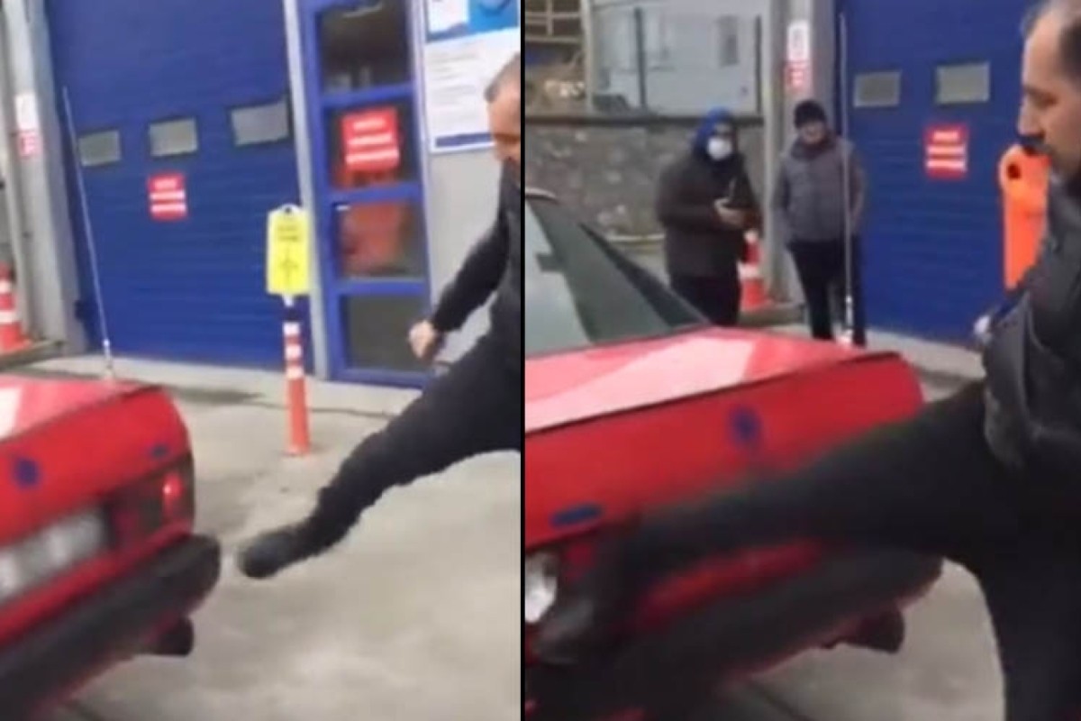 TÜVTÜRK'ün önünde sinir krizi geçiren vatandaş aracını parçaladı!