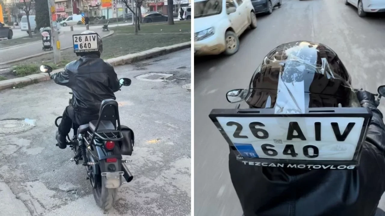 G&ouml;ren şaşırdı! D&uuml;şen plakasını kaskına yapıştırarak yola devam etti