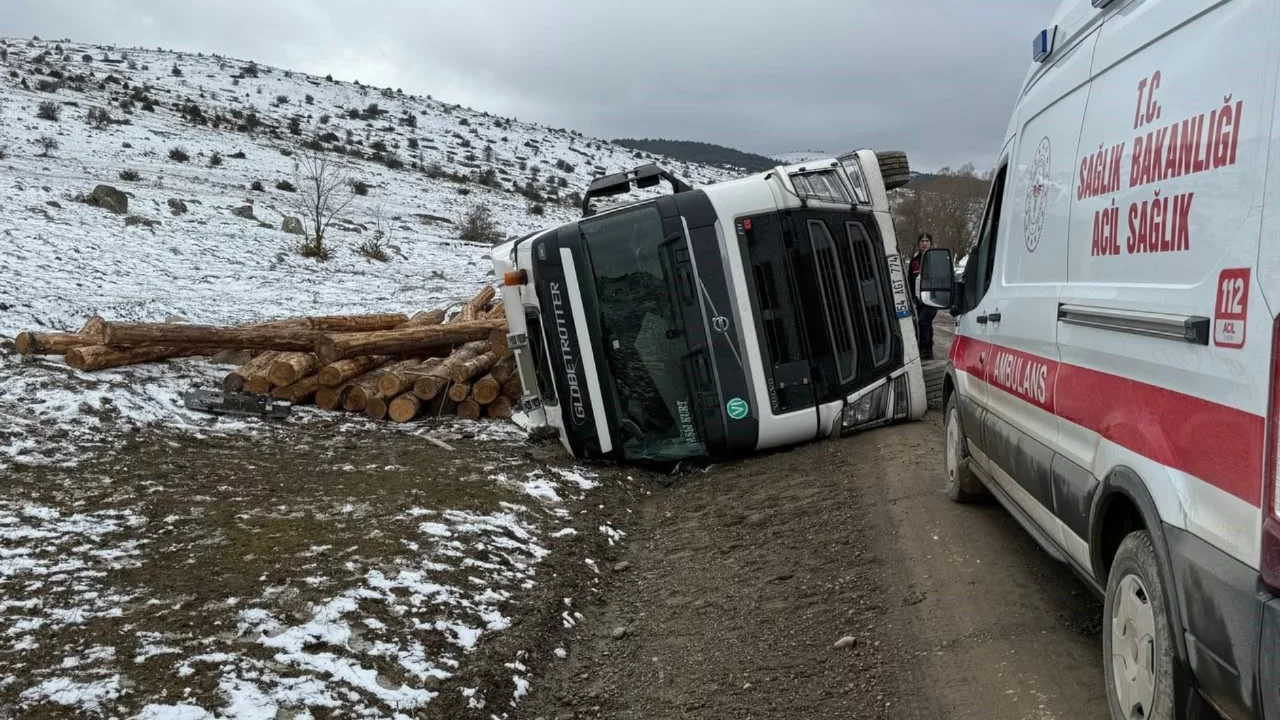 Bolu'da tomruk yüklü tır devrildi: 1 yaralı