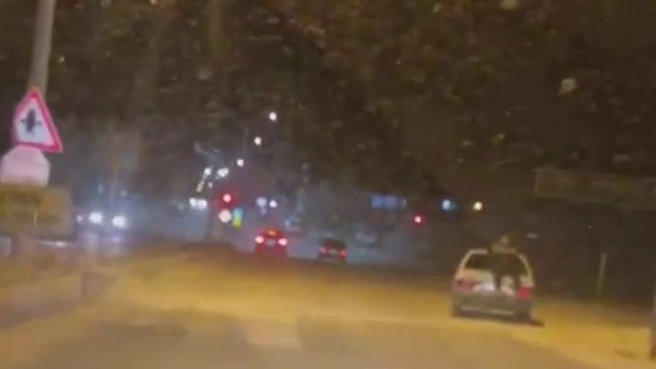 Seyir halindeki otomobilin bagaj kısmına oturarak ilerledi