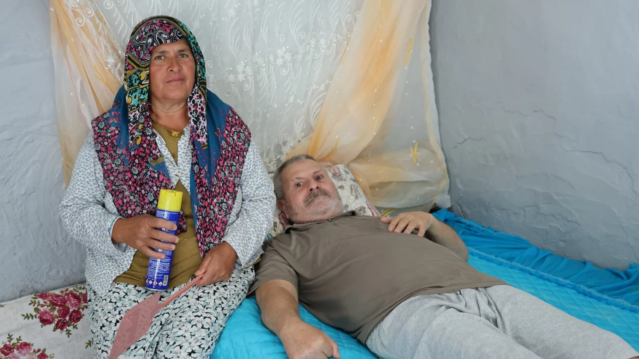 Fel&ccedil;li eşinin rahat etmesi i&ccedil;in başında sinek n&ouml;beti tutuyor