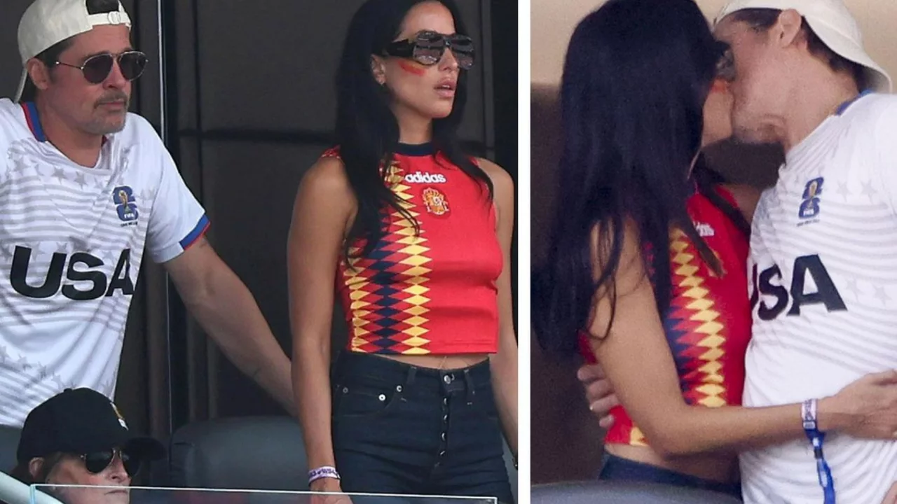 Brad Pitt ve Ines de Ramon'dan trib&uuml;nde romantik anlar! D&uuml;nya Kupası ma&ccedil;ında aşklarını gizlemediler