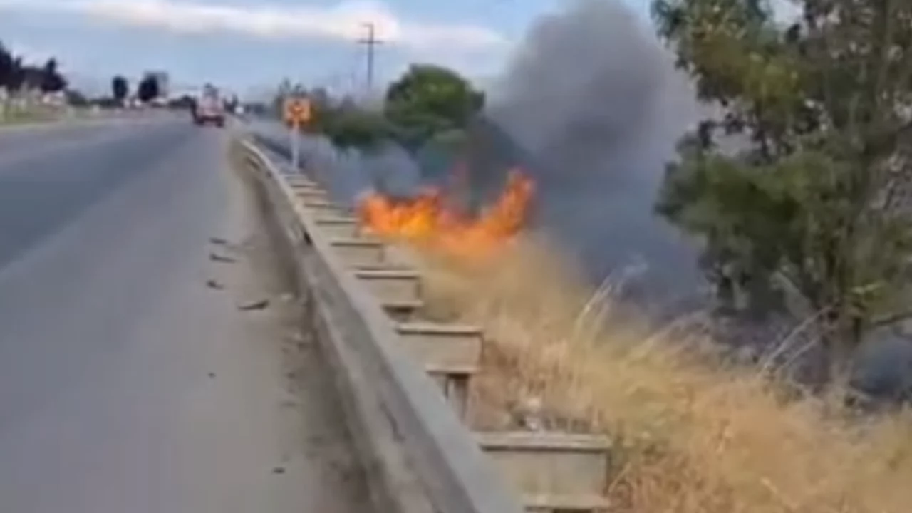Bursa'da yol kenarında yangın! Alevler r&uuml;zgarın etkisiyle b&uuml;y&uuml;d&uuml;...