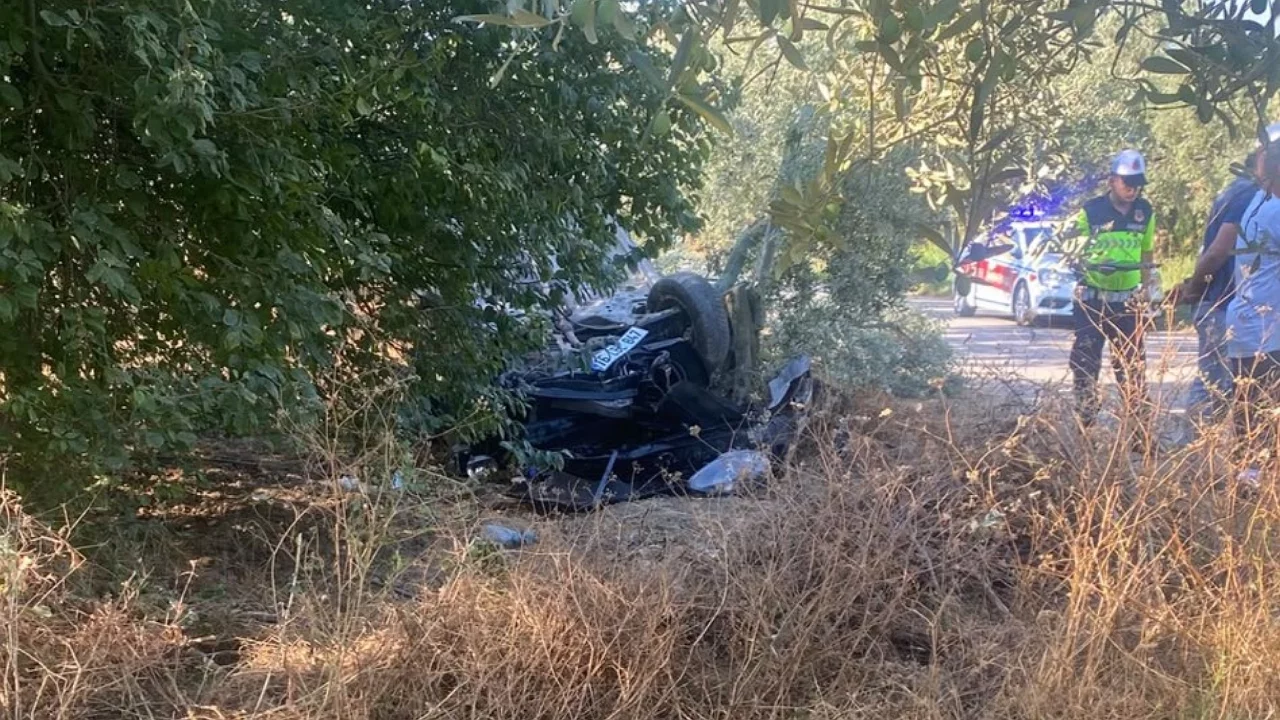 Bursa'da otomobil takla atarak zeytinliğe u&ccedil;tu!