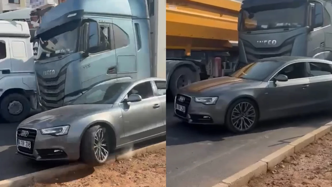 Mersin'de trafikte gerilim: Tırın &ccedil;arptığı s&uuml;r&uuml;c&uuml; camı kırdı, ka&ccedil;ış kamerada