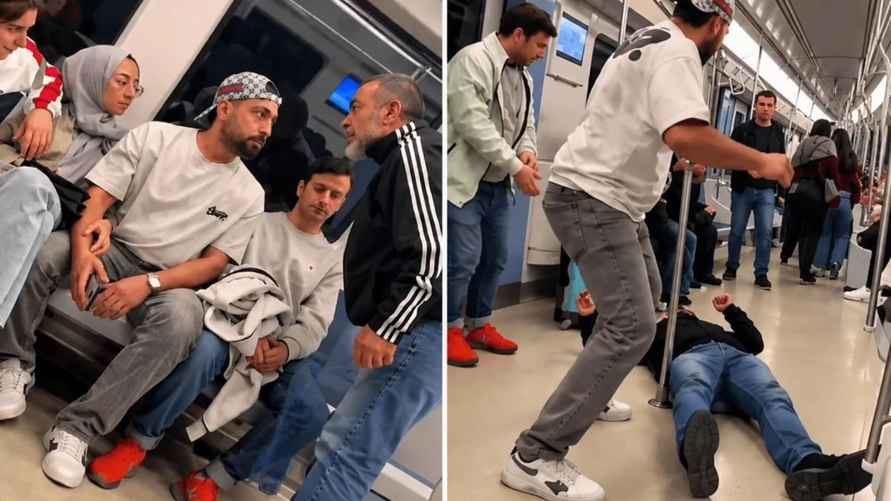 Eşinin yanında küfreden adamı metroda yere serdi