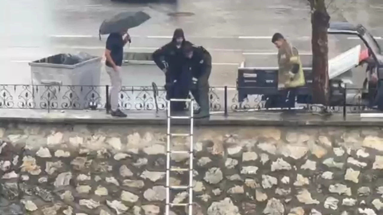 Bursa'da minik kedi i&ccedil;in yağmur altında kurtarma seferberliği