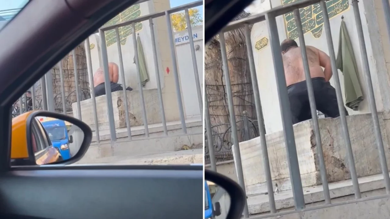 Bağdat Caddesi'nde ilgin&ccedil; g&ouml;r&uuml;nt&uuml;! G&uuml;nd&uuml;z vakti &ccedil;eşmede duş aldı