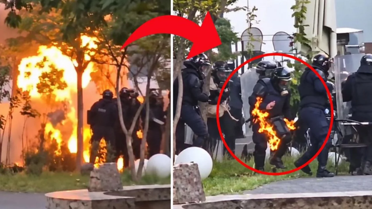 G&ouml;stericiler bakanlık ve bankaları ateşe verdi, polis alevler i&ccedil;inde kaldı