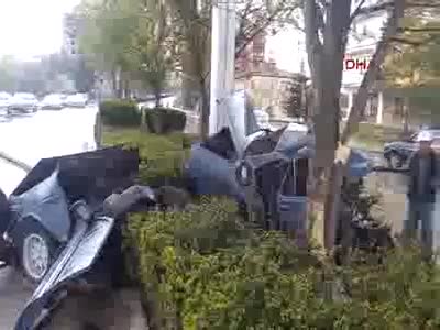 Ağaca çarpan otomobil ikiye bölündü