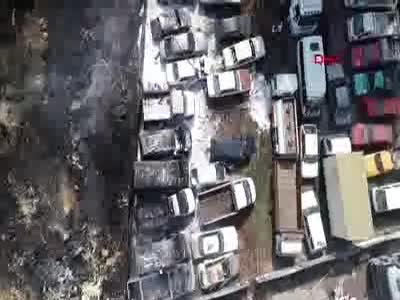 Bursa'da yangında zarar gören araçlar havadan görüntülendi