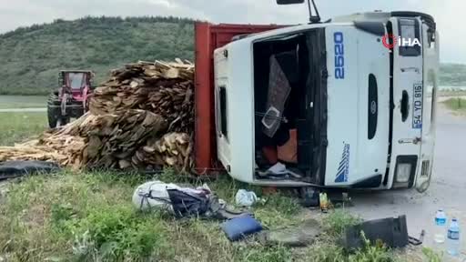 Bursa'da devrilen kereste yüklü kamyonun sürücüsü yaralandı