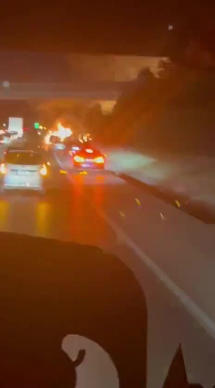 Bursa Çevre Yolu'nda araç yangını! Rüzgar alevleri çevreye yaydı...