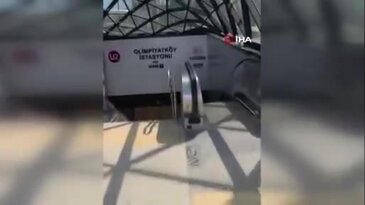 Metro istasyonunda kedi yürüyen merdivene sıkıştı