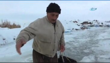Donan gölde kırılan buzdan suya düşen inek böyle kurtarıldı