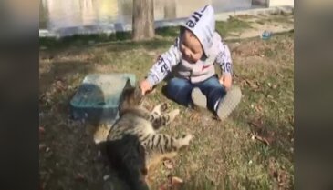 Kediyle simidini paylaşan çocuğun sevimli halleri kameraya yansıdı